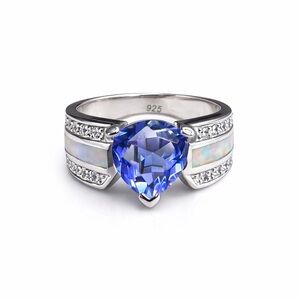 Sterling Silver 925 Heart-Cut Blue Gemstone Ring | Opal Inlay | CZ Accents | sz5